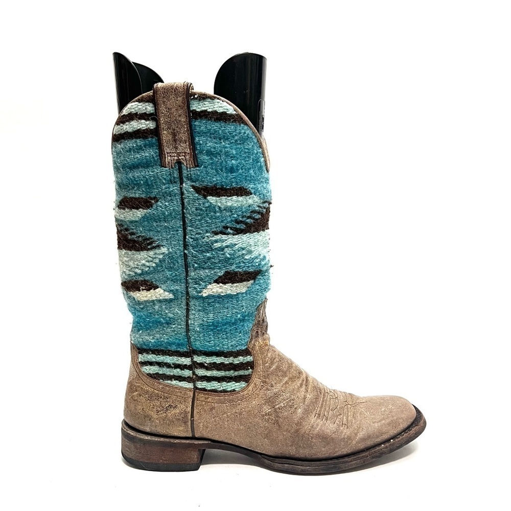 Vintage 1990s men’s blue wool tan leather square toe southwestern cowboy boots